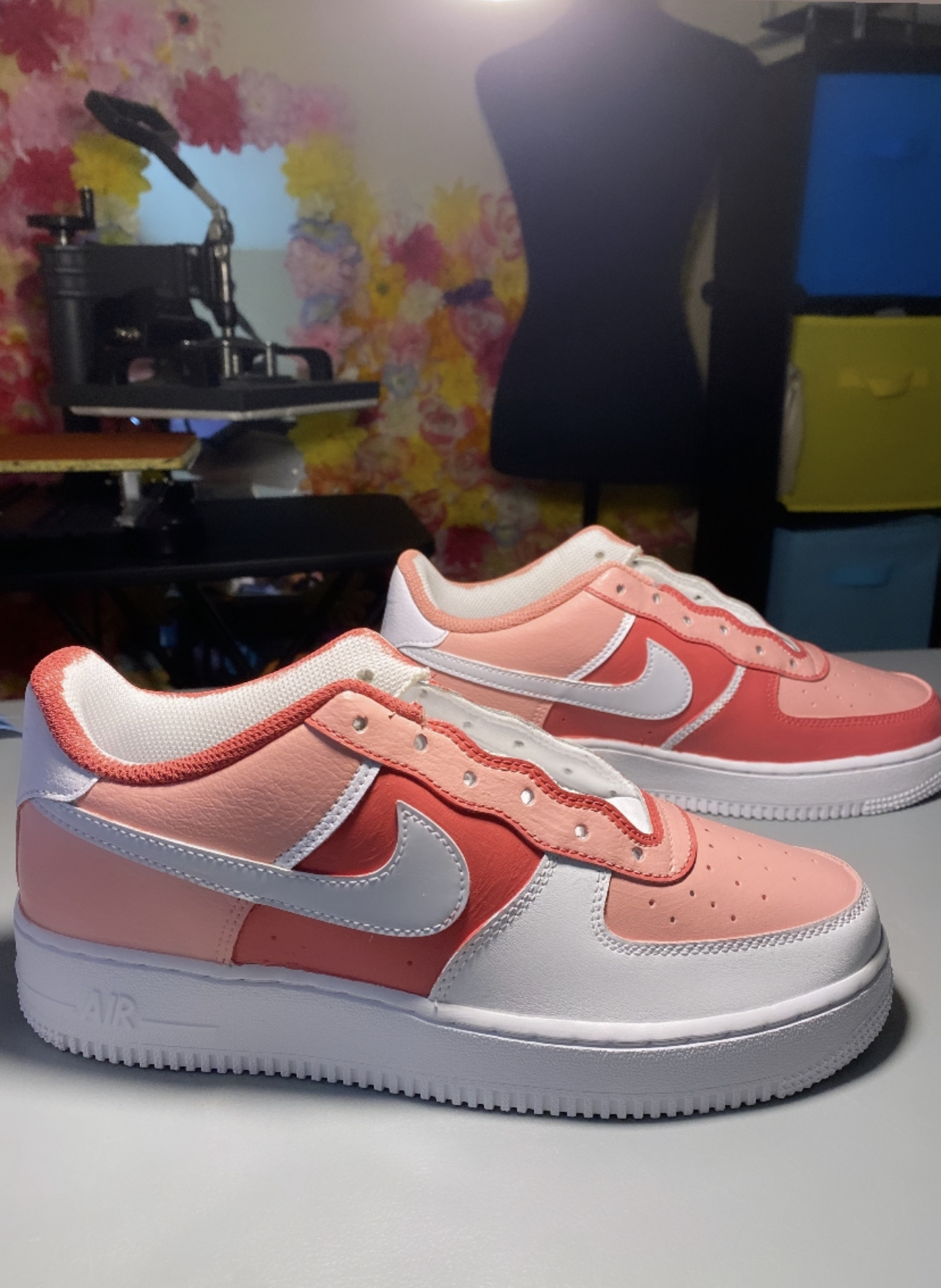Custom painted pink and white sneakers