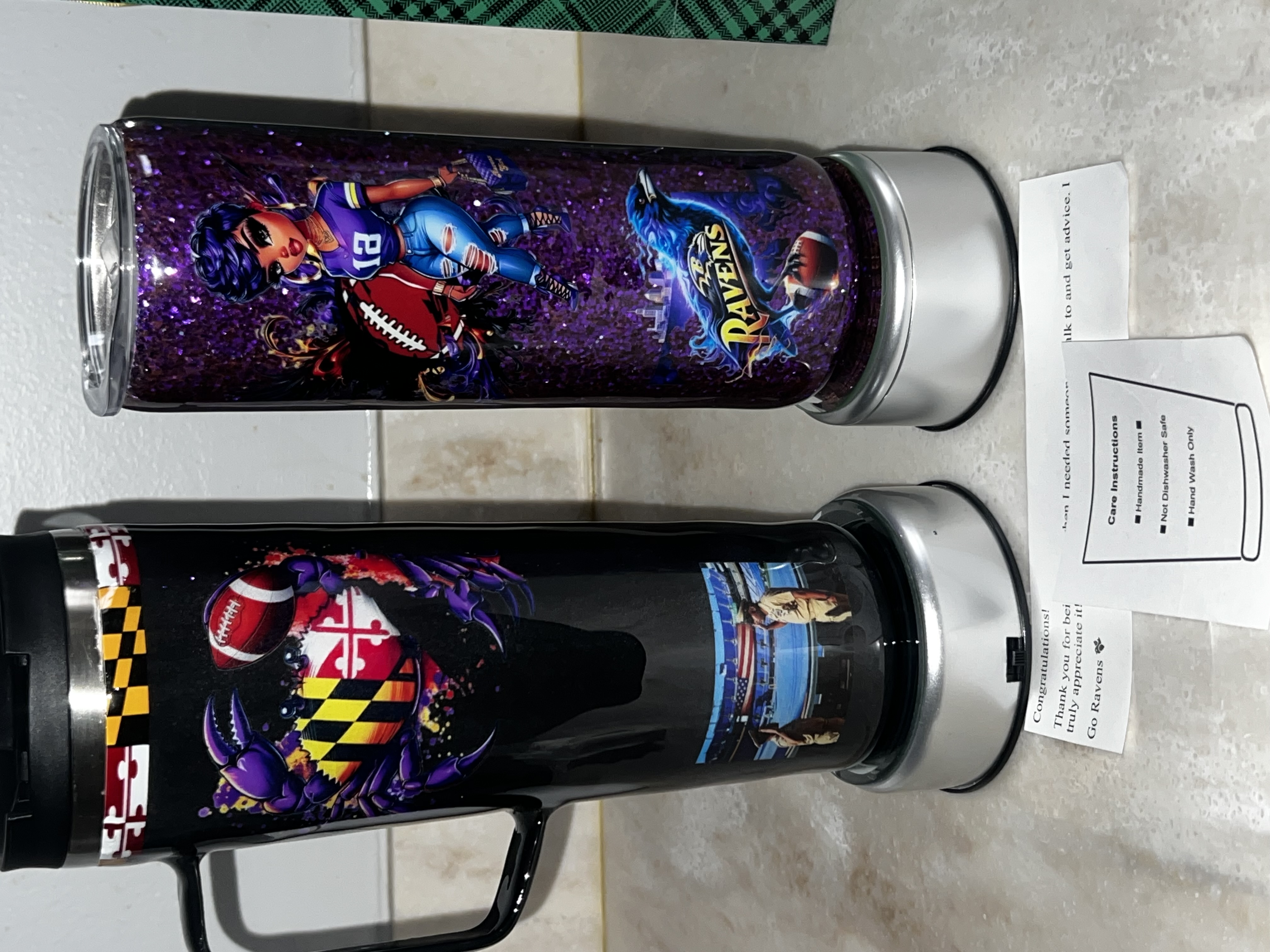 Custom Baltimore Ravens tumblers with Maryland flag artwork