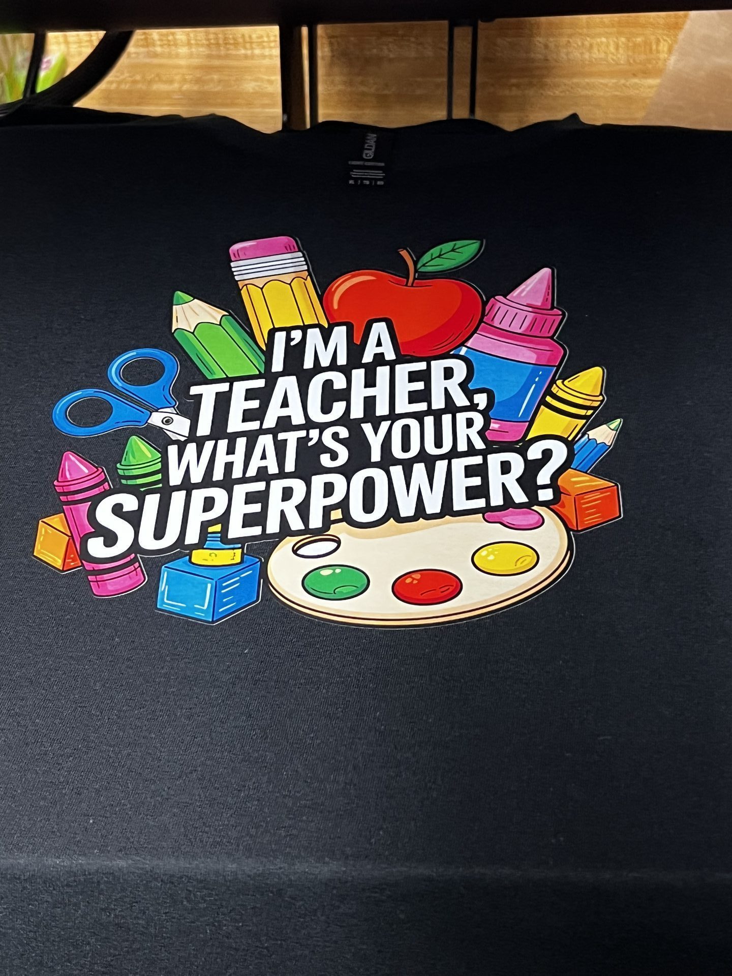 Custom black shirt with I Am a Teacher Whats Your Superpower colorful design