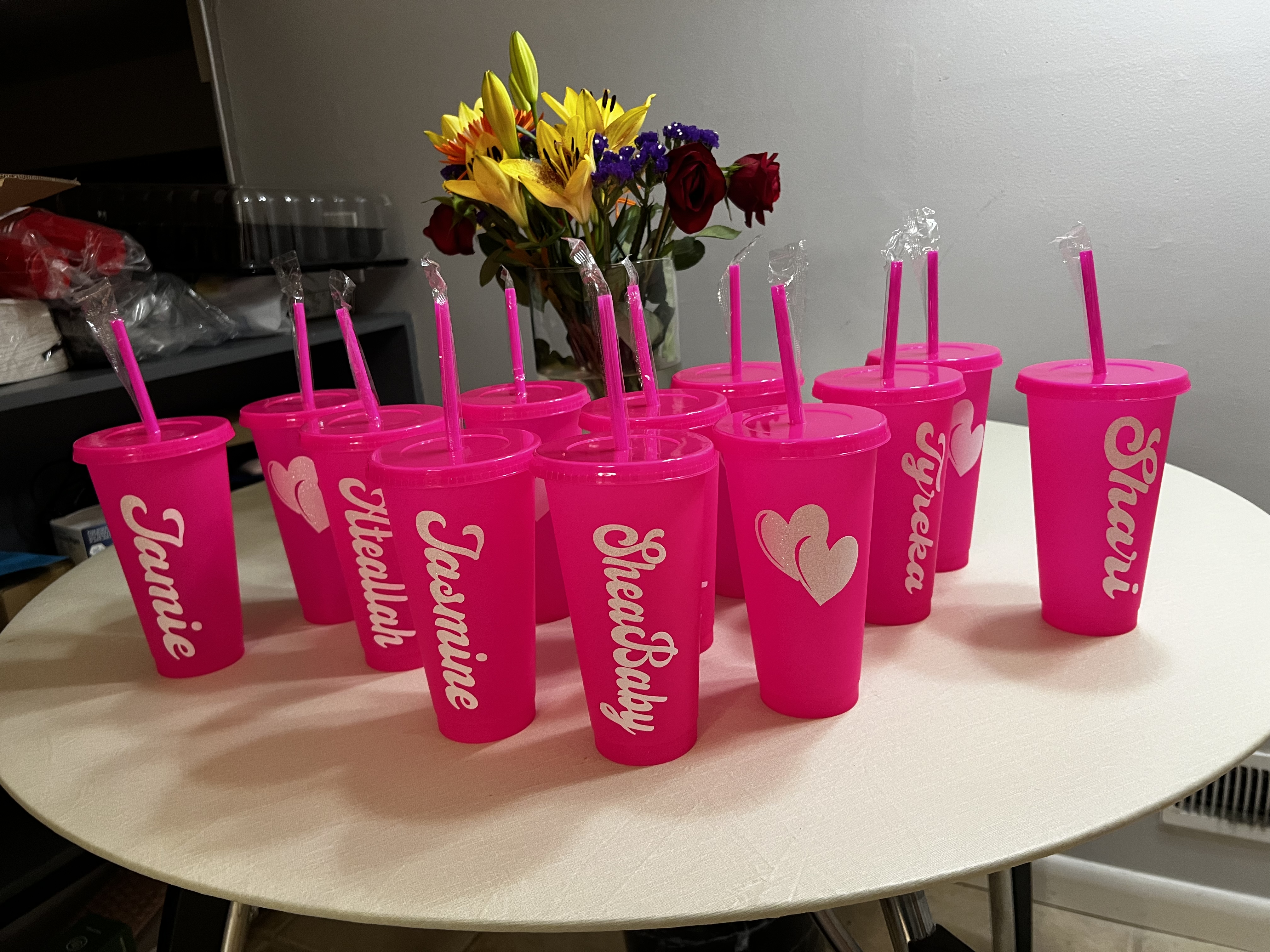 Personalized pink tumblers with custom names